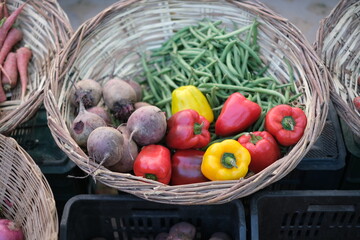 basket with vegetables, bell pepper red and yellow