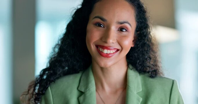 Night, smile and computer with black woman in office for planning, proposal and deadline. Research, technology and internet with portrait of employee in agency for professional, project and overtime