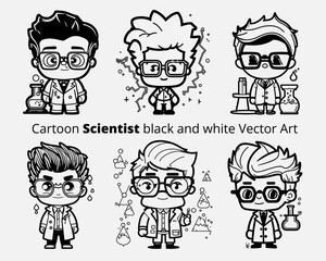 Set Cartoon Scientist black and white Vector Art 