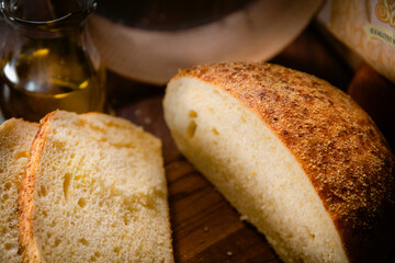 Bakery shop products - various kinds of baguette, bagel, donut, croissant, rolls, bread, puff pastry, powdered sugar delicious pies. Neutral background. Food from bakeries.