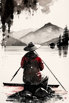Lonesome Fisher: A contemporary pop art-style watercolor painting featuring a fisherman and his boat reflected in the calm waters of a tranquil lake, with bold pops of red.