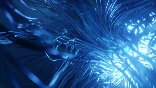 live curls underwater like fur, multi-colored threads or hair. Mist and DOF bokeh effects. Mysterious background with live curved lines, close-up. 4k seamless looped bg. Volumetric lights.