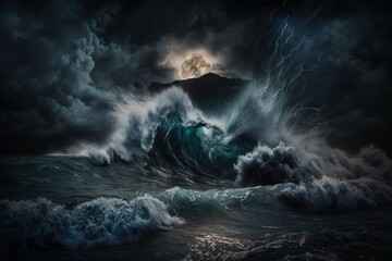 Night marine fantasy landscape with beautiful waves and a full moon. AI generated
