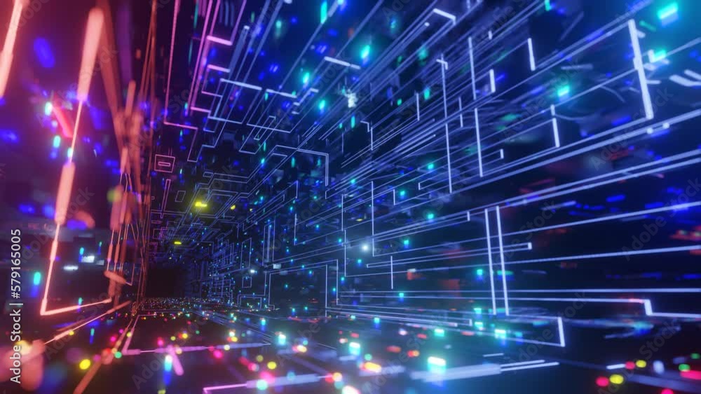 Aufkleber pattern like sci-fi hologram. fly through technology cyberspace with neon glow. sci-fi flight throug