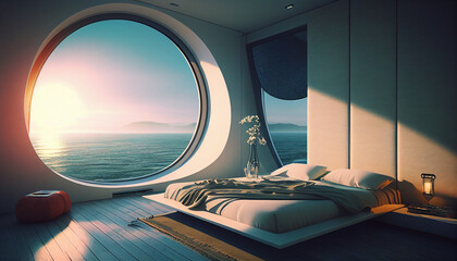 Dreaming of the Future: A Futuristic Bedroom with a Stunning Ocean View, for business präsentations background