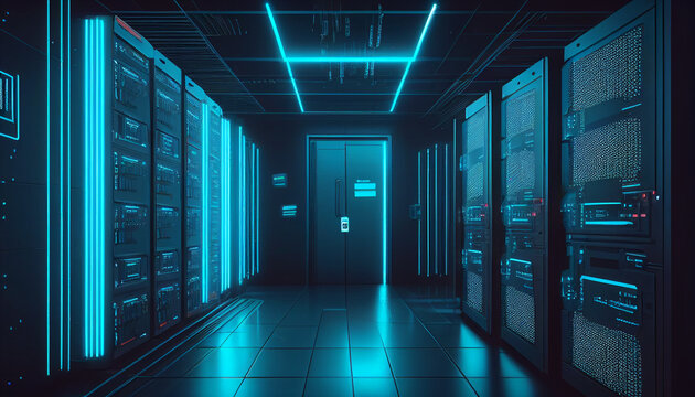 Digital Dreamscape: A Neon Blue Server Room of the Future Background