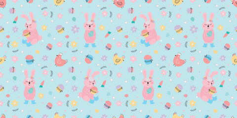 Easter festive seamless pattern with rabbits, cakes, eggs, willow