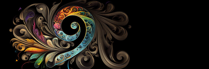 Bass clef colorful decorated, horizontal illustration with copy space on black background for classical music concert banner. Generative AI