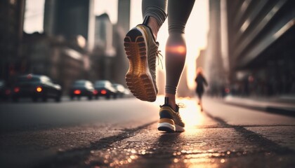 Feet in running sneaker shoes, close-up. Runner makes a morning jog in a city street. Jogging, run, wellness, fitness, health concept. 16:9 aspect ratio. City landscape blurred background