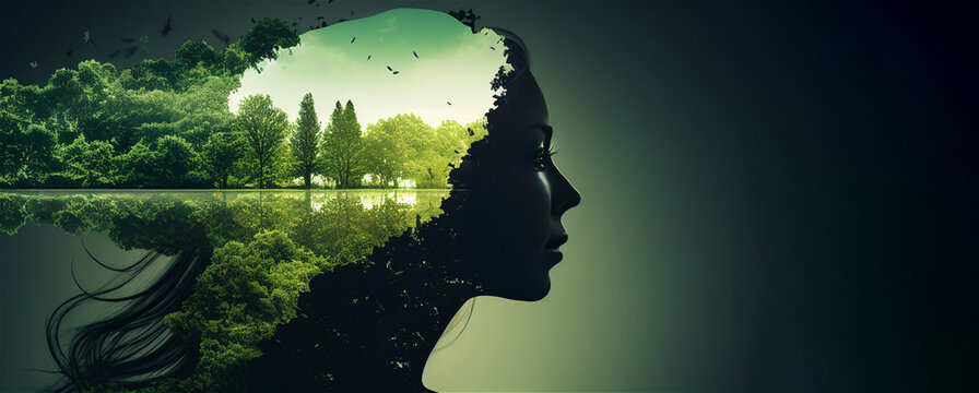 Earth day banner, profile of a woman on green forest landscape with copy space, concept of environment caring life on the planet. Generative AI illustration