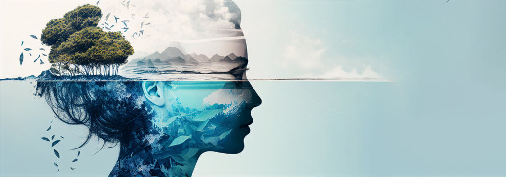 Earth day banner, profile of woman on sea and land landscape with copy space, concept of environment caring life on the planet. Generative AI illustration
