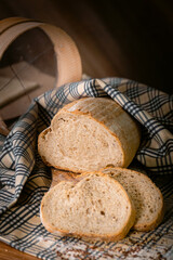 Bakery shop products - various kinds of baguette, bagel, donut, croissant, rolls, bread, puff pastry, powdered sugar delicious pies. Neutral background. Food from bakeries.