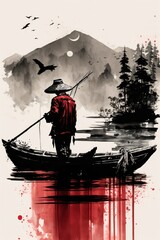 Lonesome Fisher: A contemporary pop art-style watercolor painting featuring a fisherman and his boat reflected in the calm waters of a tranquil lake, with bold pops of red.