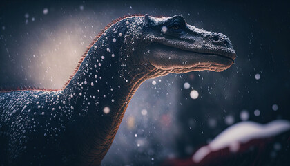 Closeup on head with sharp teeth of carnivorous dinosaur. Prehistoric predator. Generative AI