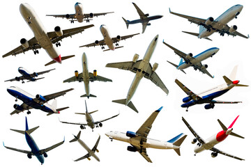 Image with many different aeroplanes on a clean white background