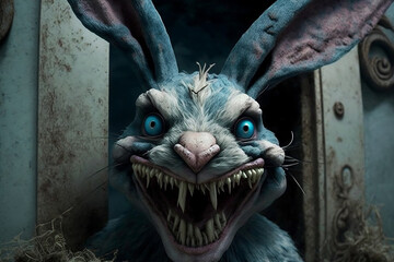 Fototapeta na wymiar Close Up Of A Creepy Easter Bunny With Rotten Teeth And Erect Ears, Easter Day, Generative Ai