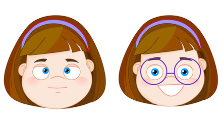 Children vision checkup in ophthalmological clinic. Kid eyesight medical glasses. Eye care diseases, problems lens selection. Girl cartoon character. Round purple googles. Illustration vector