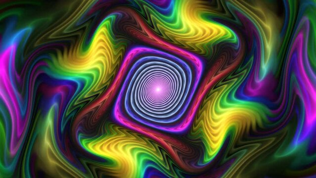 Colorful spiral square tunnel rotating clockwise around centre with multicolor waves on sides. Abstract psychedelic background motion, spin. Bright whirlpool, twirl is iridescent. 4K UHD 4096x2304