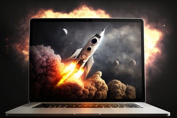 Illustration of rocket taking off from laptop screen, startup and business concept. Generative AI