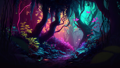Fototapeta na wymiar Deep in the magical forest, life is full of splendid lights (generative AI)