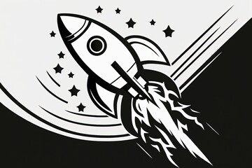 Black and white rocket illustration, sketch, white background. Generative AI