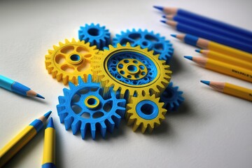 Illustration of colorful gears, pencil and paper, concept of ideas and creativity. Generative AI