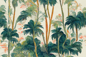 Continuous belt of tropical vegetation pattern, seamless wallpaper, beautiful nature art, generative ai