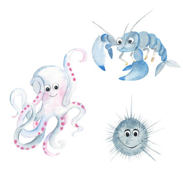 Marine life cute animals, under sea world. Underwater animal creatures. Octopus, urchin, yabby isolated on white background. Watercolor hand drawn illustration.