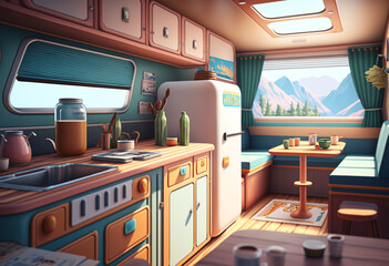 Ai-Generated 3D Render of a Colorful, Creative, and Luxurious Retro Camper Van for a Joyful Road Trip Adventure