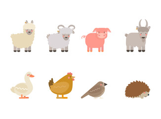 Flat farm animals set  with Alpaca, Goat, Pig, Sheep, Goose, Chicken, Sparrow, Hedgehog.Perfect for designs related to farming, agriculture, and rural life.