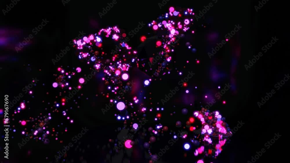 Poster multicolored spheres fly in air and form pattern in 3d space. balls light up and go out like a new y
