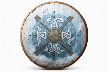 Fototapeta na wymiar Blue and white viking shield illustration, white background. Generative AI