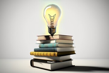 Illustration of light bulb and books, white background, ideas and creativity concept. Generative AI