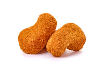 Breaded chicken nuggets, isolated on white background.