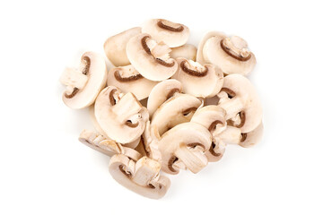 Sliced Champignons, close-up, isolated on white background.