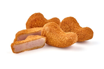 Breaded chicken nuggets, isolated on white background.