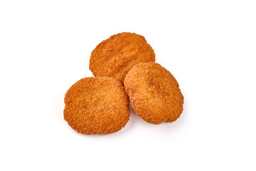 Deep fried chicken fillet in breadcrumbs, isolated on white background.