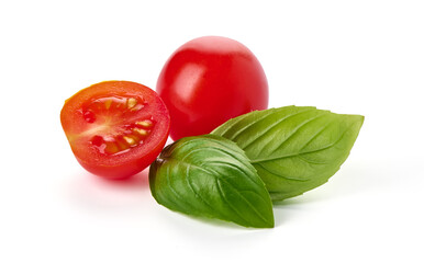 Fresh cherry tomatoes with Sweet basil leaves, isolated on white background.