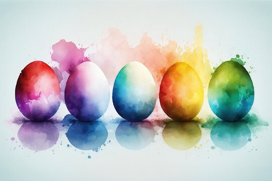 Colorful Easter Eggs In A Row In The Style Of Aquarelle, Easter Day, Generative Ai