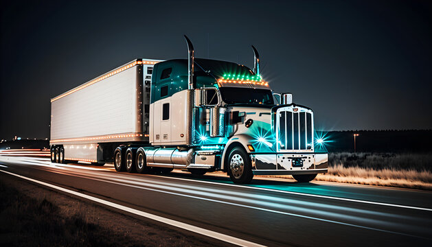 Modern american truck run in highway by night, illustration ai generative