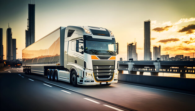 Modern european truck run in highway with a big city in background, illustration ai generative