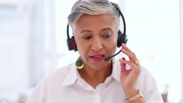 Business woman, argue or call center stress in CRM mistake, customer support fail or telemarketing error. Angry, shouting or anxiety for worker, employee or mature receptionist on consulting headset