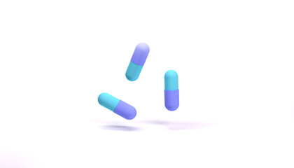 Falling antibiotic pill capsules isolated on white background. Healthcare and medical concept. 3D rendering. Realistic medical capsule pill. Vitamin antibiotic medicine drug.