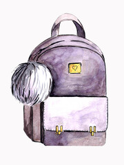 Watercolor illustration. Women's backpack for a walk. Illustration on a white background.