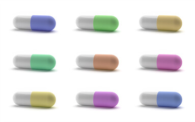 Capsule pill medicine for healthcare.Colorful capsules set 3D rendering. Realistic color pills. Set of colorful drug capsules. Pharmacy medicine and healthcare. Pills of vitamins. Health concept.