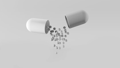 Realistic medical opened capsule pill. Antibiotic 3D medicine drug for concept improve health. 3d render capsules for advertising healthcare food on white background. Open capsule.