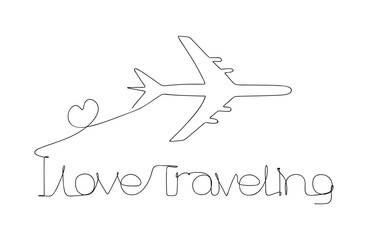 I love traveling. Continuous one line drawing airplane, heart and text - I love traveling. Travel concept. Vector illustration