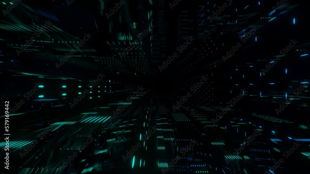 Poster 4k seamless looped animation. fly through mirror tunnel with neon pattern, glow lines form sci fi pa