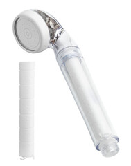 Shower head and new cartridge on a transparent background. Eco-friendly shower head with natural...