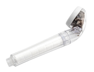 Shower head with filter on a transparent background. Eco-friendly shower head with natural stone, flint for water treatment. Isolated object